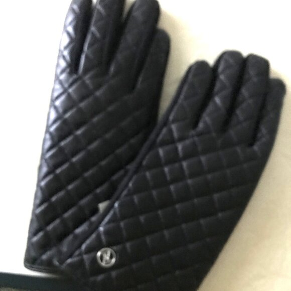 NWT Adrienne Vittadini Sz L Black Gloves Leather/Wool Touch Technology - Picture 1 of 3